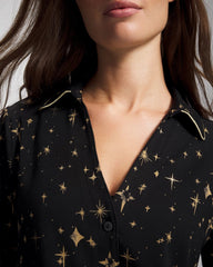 STELLAR SCENE BLACK/FOIL - Long-Sleeve Notch Collar Pajama Top | Soma