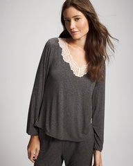 CHARCOAL HEATHER W/ SHINE - Lace Trim Long Sleeve Pajama Top | Soma