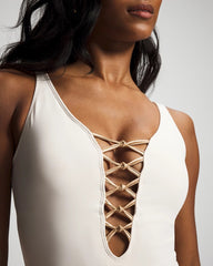 COCONUT/ROSE GOLD - Let’s Get Knotty Lace-Down One-Piece Suit | Soma