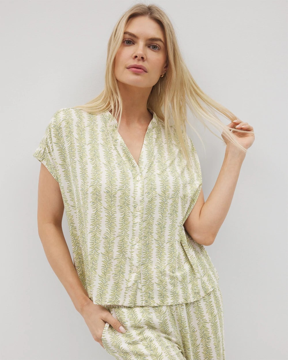 CHILL STRIPE CHAMPAGNE - Mandarin Collar Short Sleeve Pajama Top | Soma