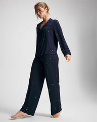 SILVER DEW DROP/NAVY - Cool Nights Long Sleeve Notch Collar with Piped Placket Pajama Top | Soma