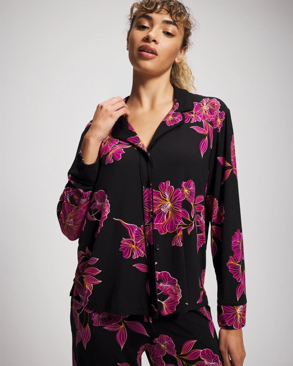 GILDED BLOOMS MAGENTA - Cool Nights Long Sleeve Notch Collar with Piped Placket Pajama Top | Soma