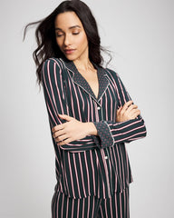 MIDNIGHT STRIPE GREEN JOL - Cool Nights Long Sleeve Notch Collar with Piped Placket Pajama Top | Soma