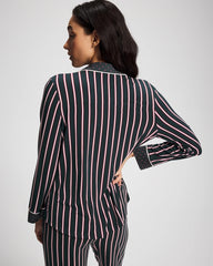 MIDNIGHT STRIPE GREEN JOL - Cool Nights Long Sleeve Notch Collar with Piped Placket Pajama Top | Soma