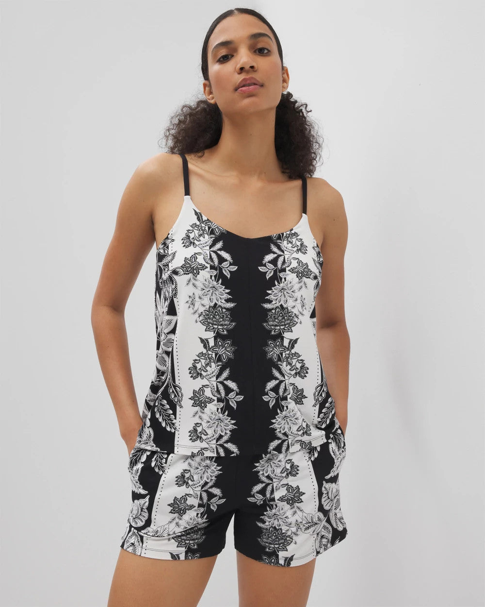 STAMPED FLORAL SCARF BLK - Flyaway Pajama Cami | Soma