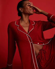 PAINT THE TOWN RED - Long Sleeve Notch Collar w/ Piped Placket Pajama Top | Soma