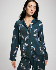 MIDNIGHT CRANES BLUE - Long Sleeve Notch Collar Pajama Top | Soma