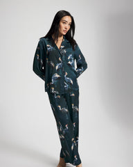 MIDNIGHT CRANES BLUE - Long Sleeve Notch Collar Pajama Top | Soma