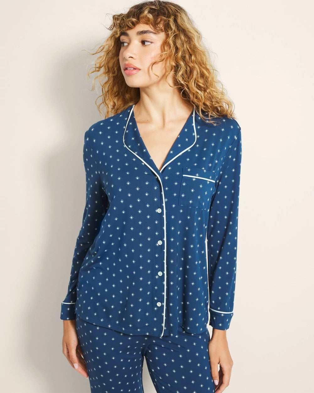 CELEBRATED DOT BLUE - Piped Long-Sleeve Notch Pajama Top | Soma