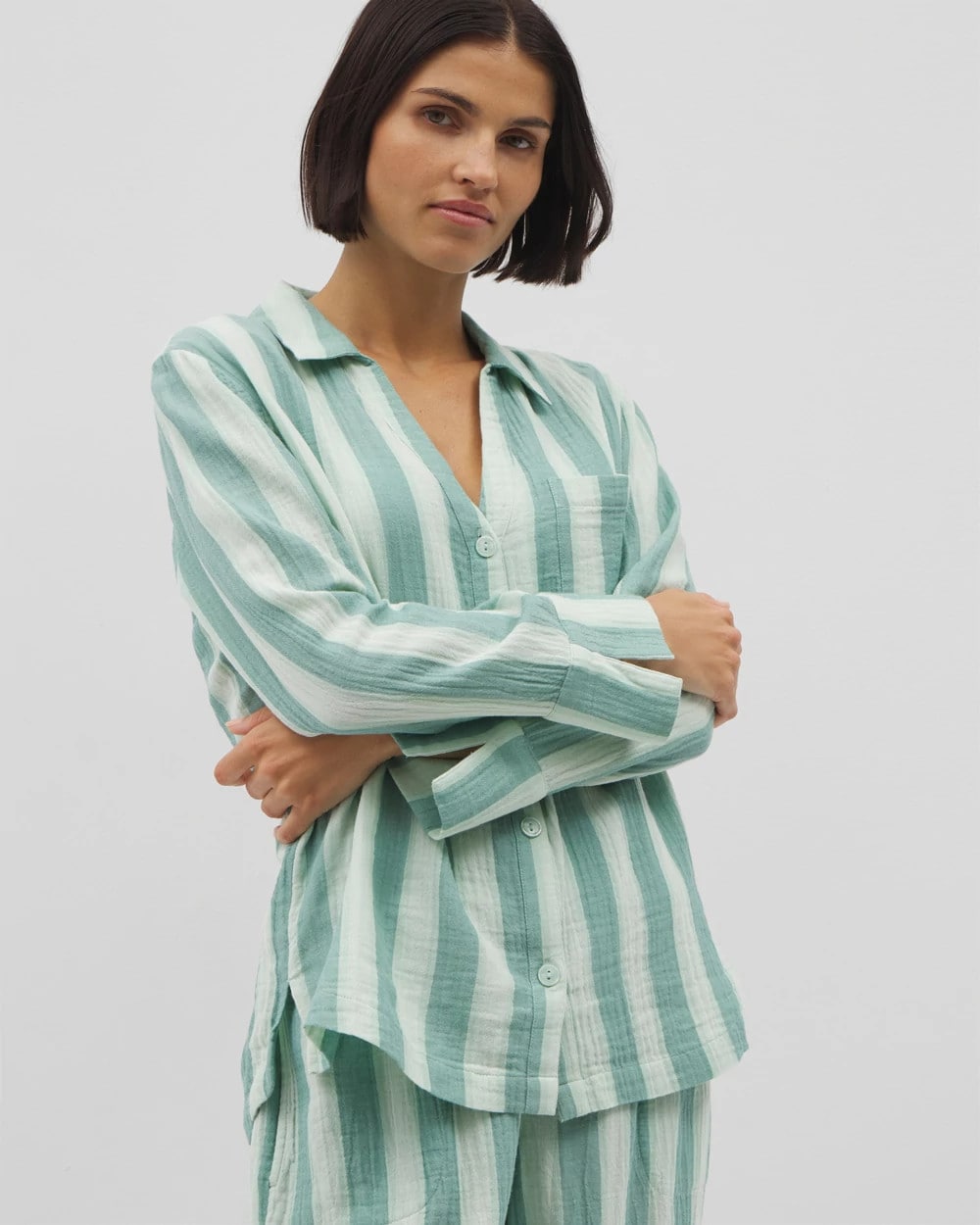 TEAL STRIPE - Cotton Gauze Long Sleeve Notch Collar Pajama Top | Soma
