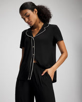 BLACK - Solid Short Sleeve Notch Collar Pajama Top | Soma