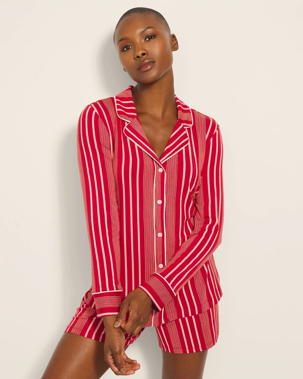 ASPEN STRIPE RED - Long-Sleeve Printed Notch Collar Pajama Top | Soma