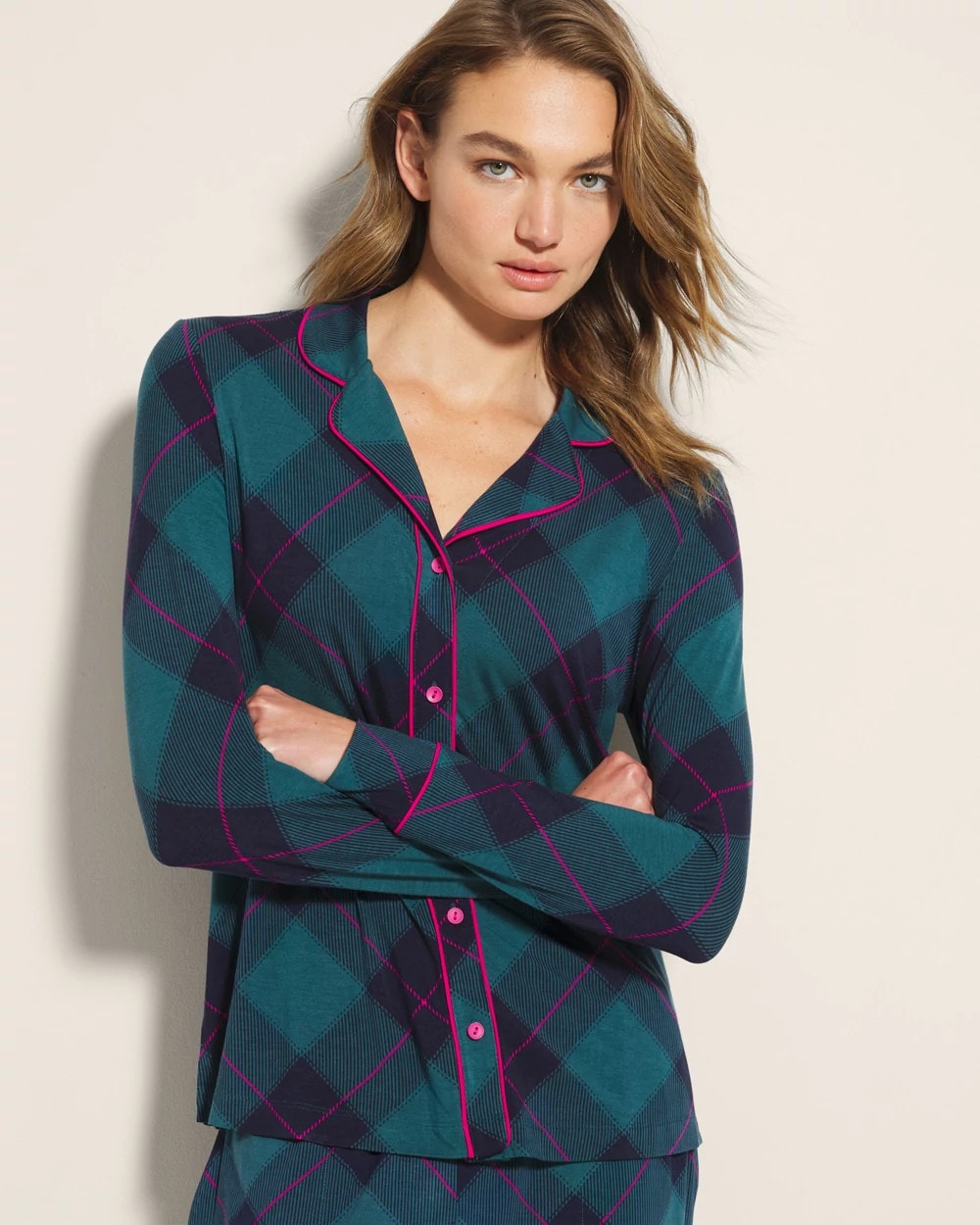 BUNDLE UP PLAID BIAS TEAL - Long-Sleeve Printed Notch Collar Pajama Top | Soma