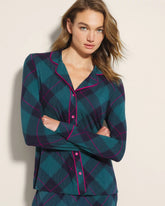 BUNDLE UP PLAID BIAS TEAL - Long-Sleeve Printed Notch Collar Pajama Top | Soma