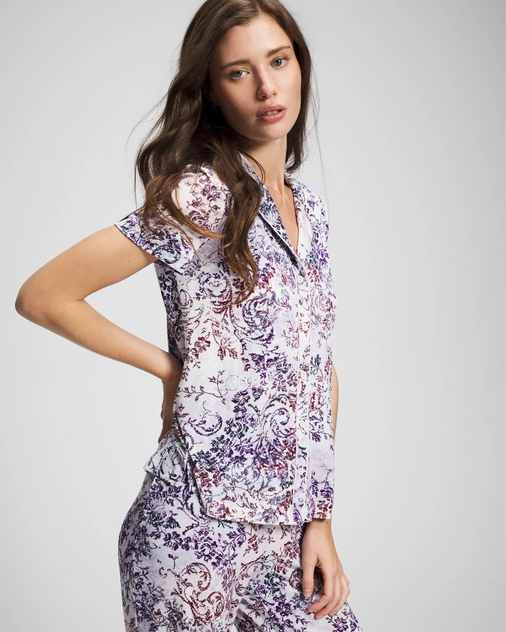 LACE HARMONY LILAC - Piped Short Sleeve Notch Collar Pajama Top | Soma