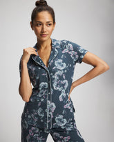 FLORA SHIMMER PETROL - Piped Short Sleeve Notch Collar Pajama Top | Soma