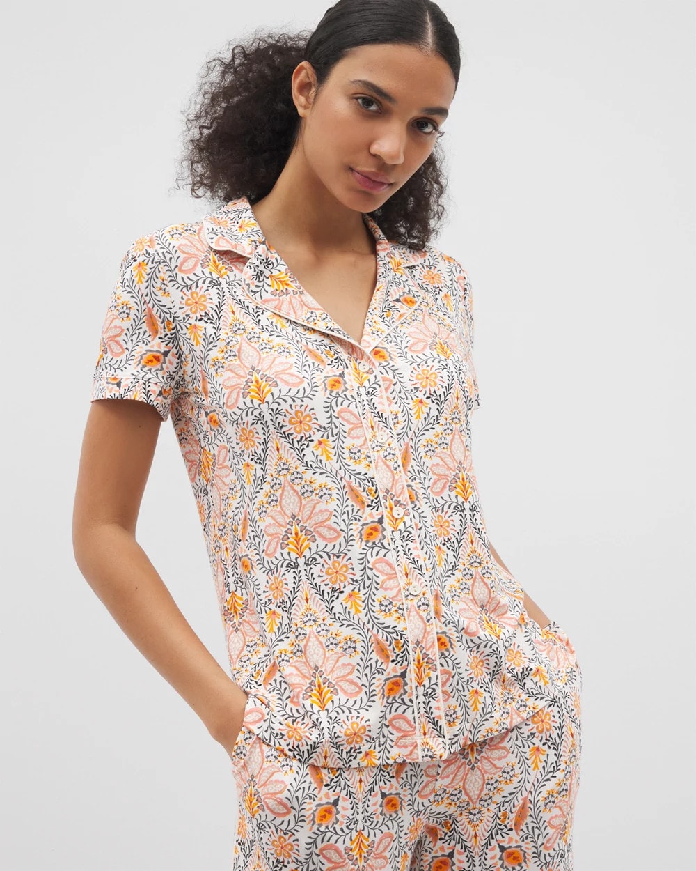 VINE PAISLEY CHAMPAGNE M - Piped Short Sleeve Notch Collar Pajama Top | Soma