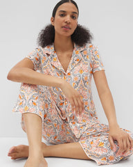 VINE PAISLEY CHAMPAGNE M - Piped Short Sleeve Notch Collar Pajama Top | Soma