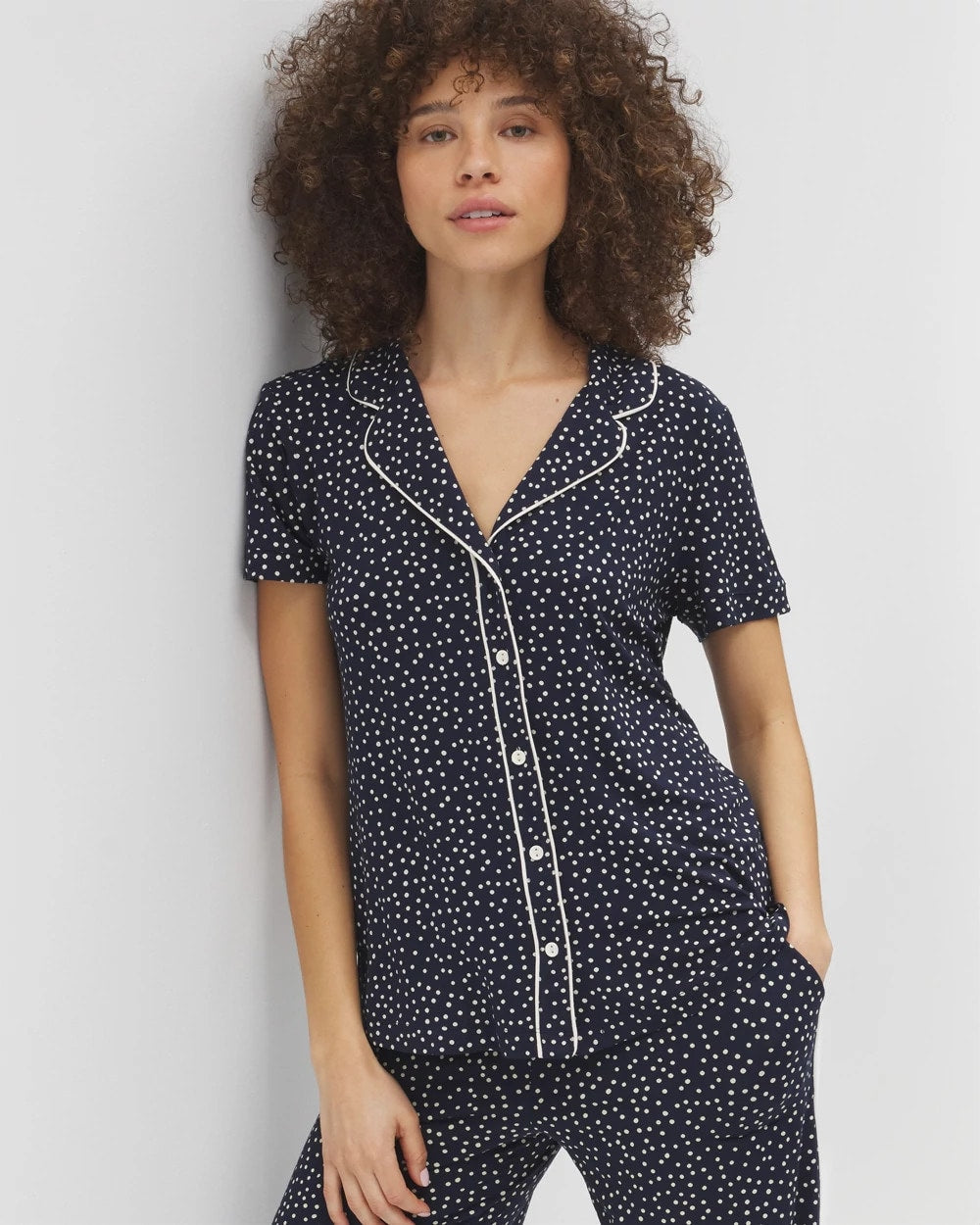 DOT OBSESSED NAVY - Piped Short Sleeve Notch Collar Pajama Top | Soma