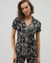 PLUMERIA BLOOMS BLK CH - Piped Short Sleeve Notch Collar Pajama Top | Soma