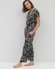 PLUMERIA BLOOMS BLK CH - Piped Short Sleeve Notch Collar Pajama Top | Soma