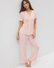 SUNNY STRIPES CHAMPAGNE - Piped Short Sleeve Notch Collar Pajama Top | Soma