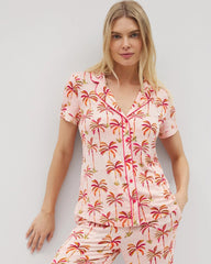 SHAKE YOUR PALM PALMS P - Piped Short Sleeve Notch Collar Pajama Top | Soma