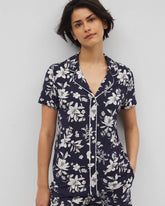 PLUMERIA DREAM NAVY - Piped Short Sleeve Notch Collar Pajama Top | Soma