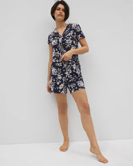 PLUMERIA DREAM NAVY - Piped Short Sleeve Notch Collar Pajama Top | Soma