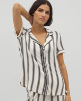 HAMPTON STRIPE BLACK - Piped Short Sleeve Notch Collar Pajama Top | Soma