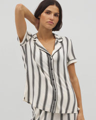 HAMPTON STRIPE BLACK - Piped Short Sleeve Notch Collar Pajama Top | Soma