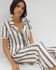 HAMPTON STRIPE BLACK - Piped Short Sleeve Notch Collar Pajama Top | Soma