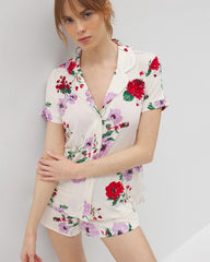 RHAPSODY FLORAL SUGAR - Piped Short Sleeve Notch Collar Pajama Top | Soma