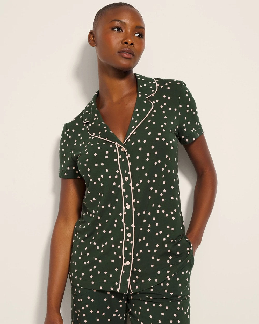 MERRY DOT LUSH EMERALD - Piped Short Sleeve Notch Collar Pajama Top | Soma