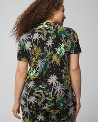 OASIS PALMS BLACK/WS - Piped Short Sleeve Notch Collar Pajama Top | Soma
