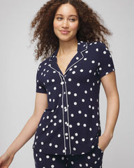 MERRY DOT G NAVY/IVORY - Piped Short Sleeve Notch Collar Pajama Top | Soma