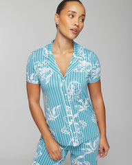 PAINTED PETALS SMALL - Piped Short Sleeve Notch Collar Pajama Top | Soma