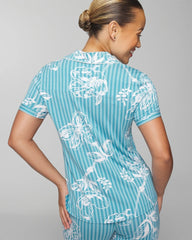 PAINTED PETALS SMALL - Piped Short Sleeve Notch Collar Pajama Top | Soma