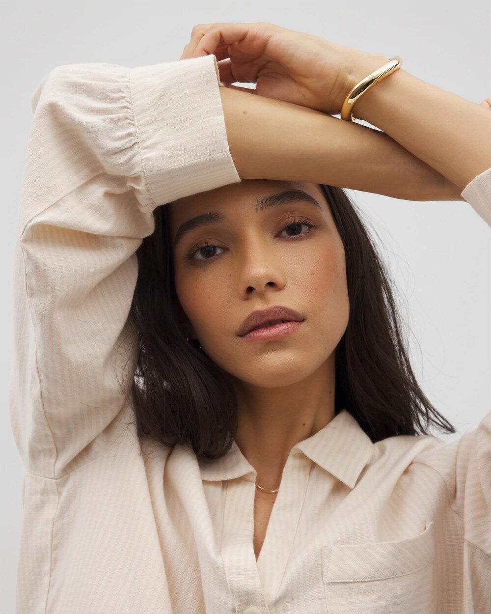PALE SAND STRIPE - Beach Cotton Long Sleeve Button-Up | Soma