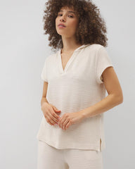 PARCHMENT - Crinkle Knit Short Sleeve V-Neck Hoodie | Soma