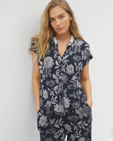 MEANDERING GARDEN NAVY - Mandarin Collar Short Sleeve Pajama Top | Soma