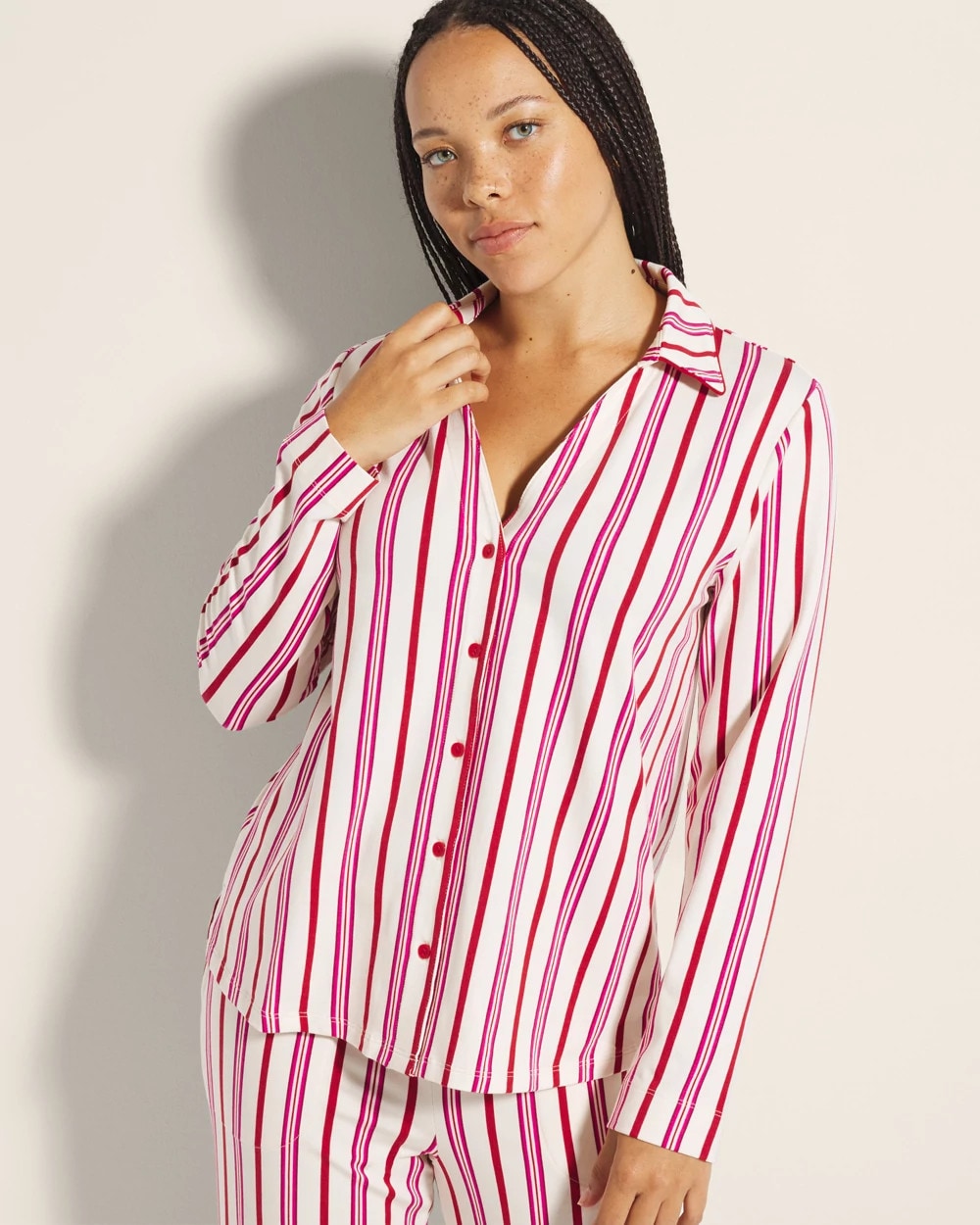 SMART STRIPE CHAMPAGNE - Long-Sleeve Notch Collar Pajama Top | Soma