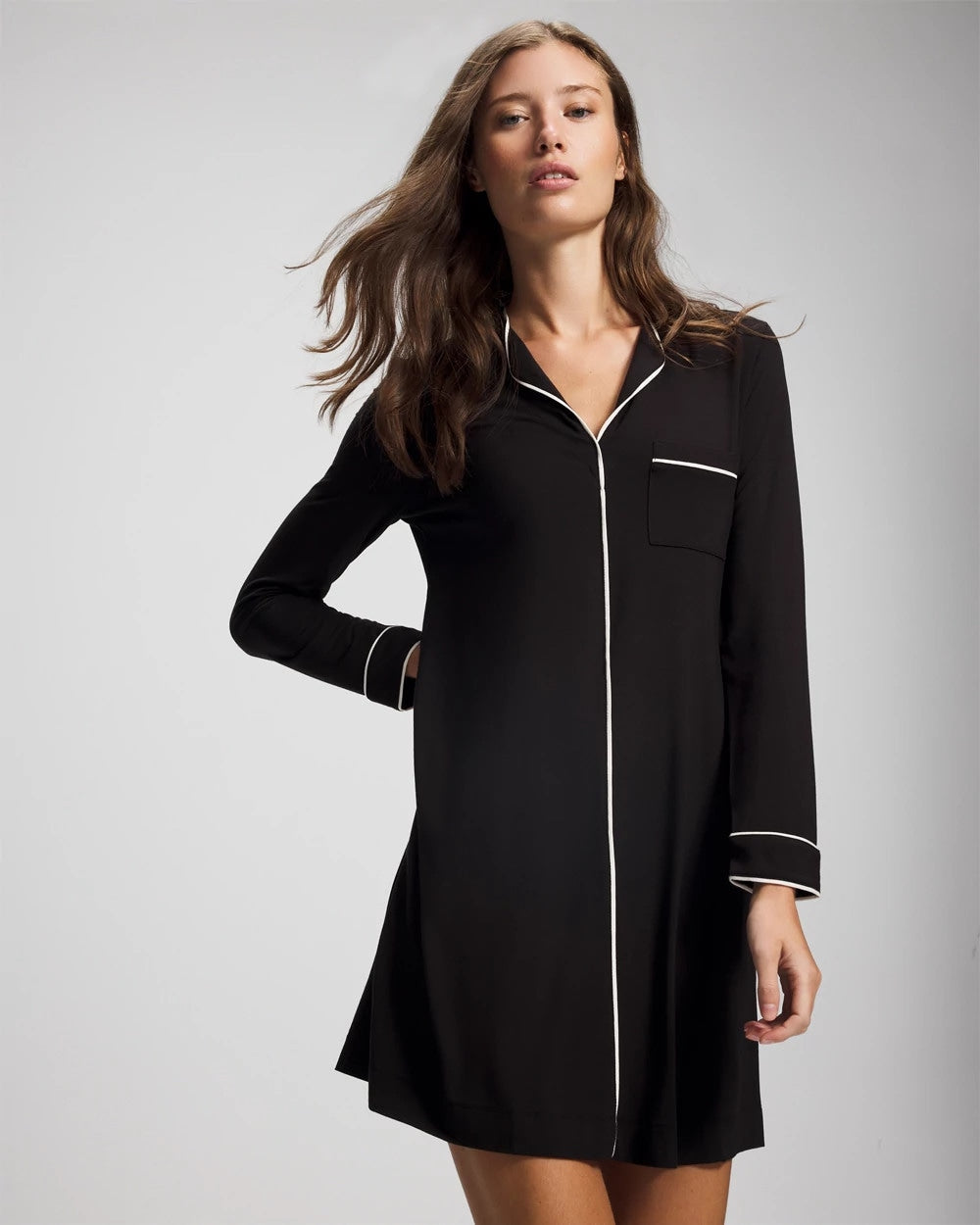 BLACK - Piped Long-Sleeve Sleepshirt | Soma