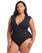 BLACK - Pique Ole Cap Sleeve Surplice One Piece | Soma