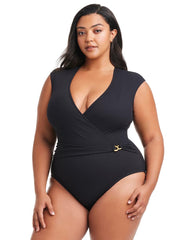 BLACK - Pique Ole Cap Sleeve Surplice One Piece | Soma
