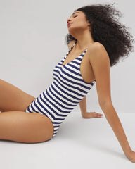 BLUE STRIPE RIB - Soma Swim Deep Plunge One-Piece | Soma