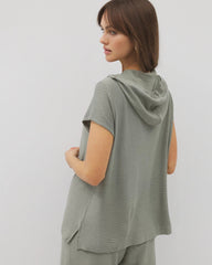 RESTORATION GREEN - Crinkle Knit Short Sleeve V-Neck Hoodie | Soma
