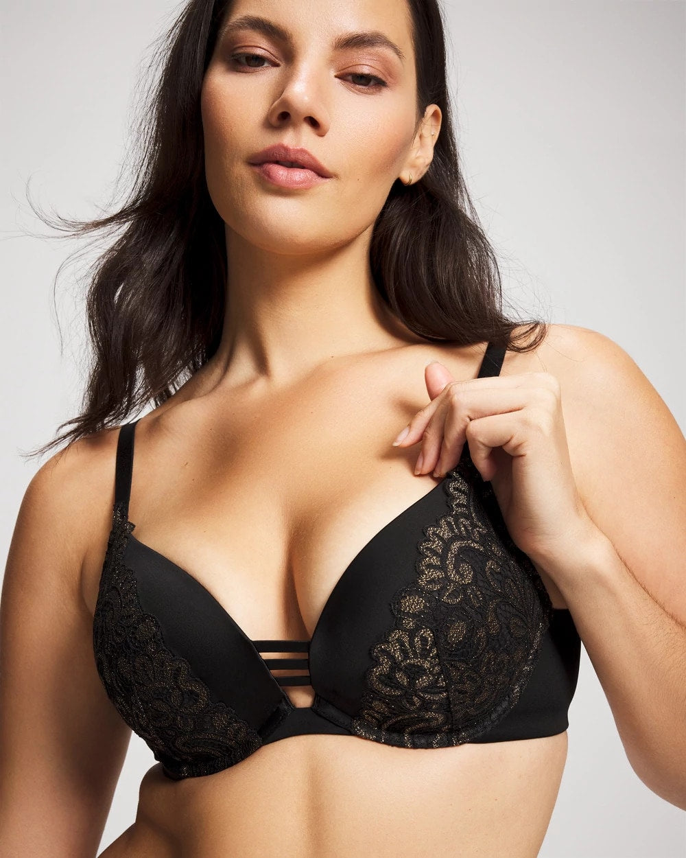 BLACK W/ GOLD FILL - Push-up Plunge Bra with Lace | Soma
