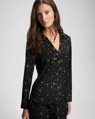 STELLAR SCENE BLACK/FOIL - Long-Sleeve Notch Collar Pajama Top | Soma