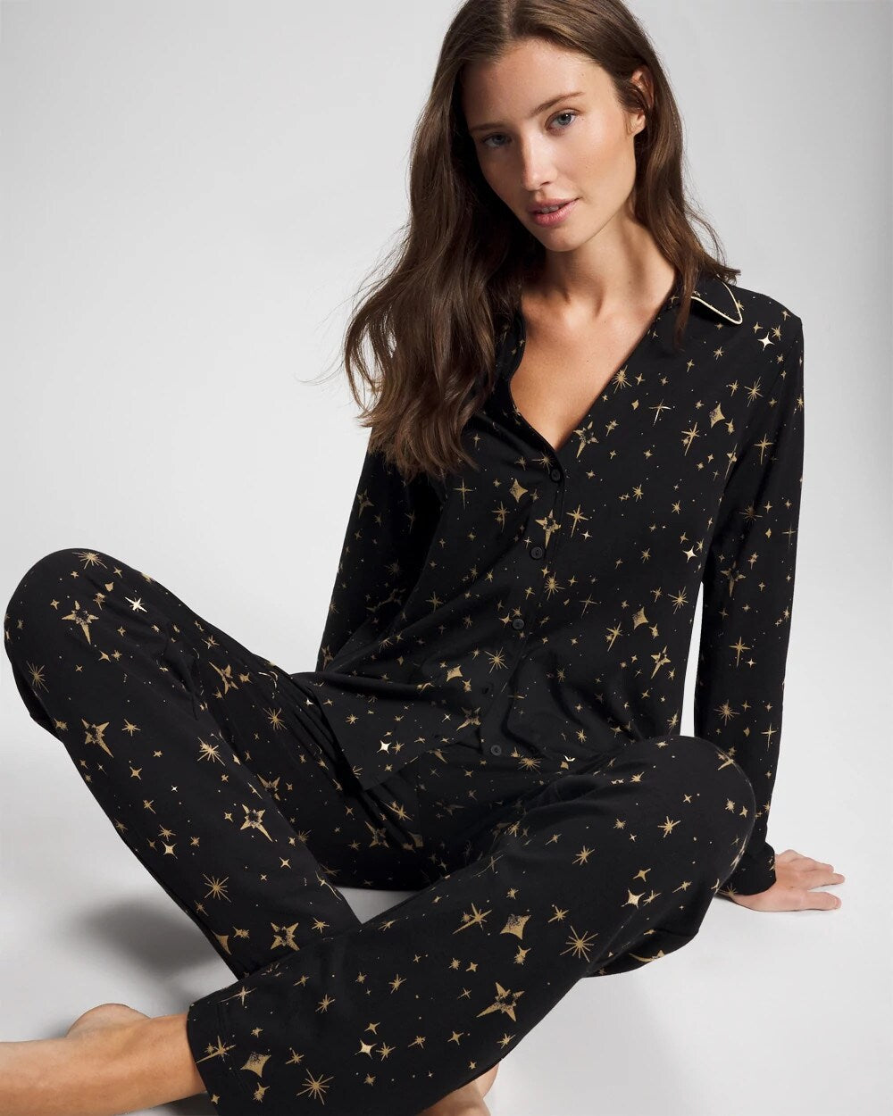 STELLAR SCENE BLACK/FOIL - Long-Sleeve Notch Collar Pajama Top | Soma